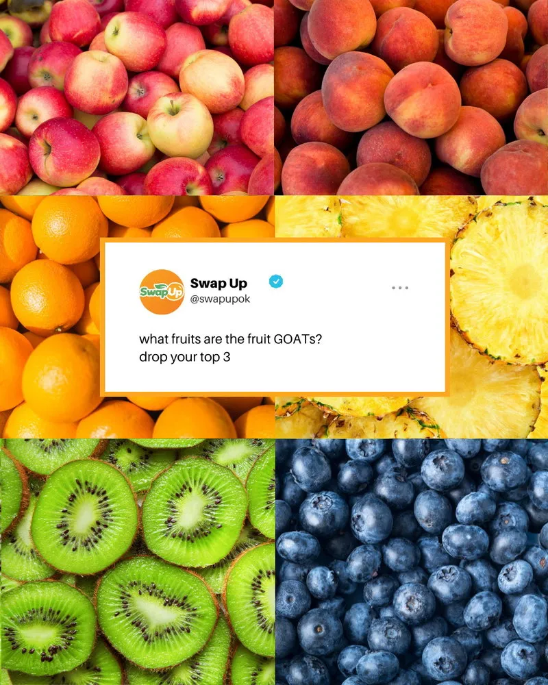A photo of text on a collage of fruits that says:
what fruits are the fruit GOATs? drop your top 3