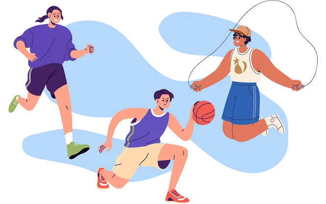 Three people running, dribbling a basketball and skipping rope