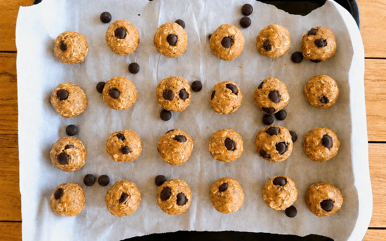Two dozen oat and peanut butter energy balls studded with chocolate chips, cooling on a parchment-lined tray