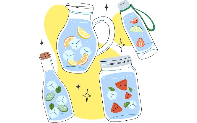 A pitcher, bottle, jar and carafe of water infused with orange, watermelon, cucumber and lime
