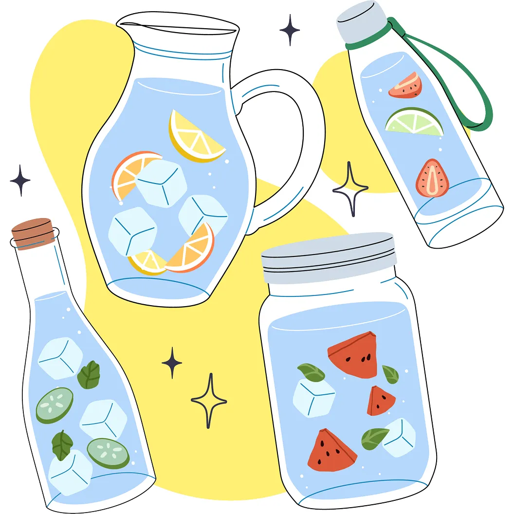 A pitcher, bottle, jar and carafe of water infused with orange, watermelon, cucumber and lime